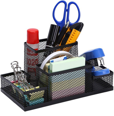 SkyFurnish 4 Compartments Metal mesh Desk Organizer Stationary item Sticky Notes, Ruler, Cards for Office, School(Black)