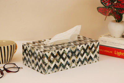 INDIAN ARTISANS 1 Compartments MDF (Wood) ZIGZAG PRINTED TISSUE BOX(Black, White)