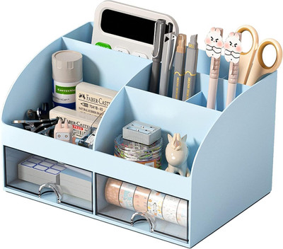 JBM ENTERPRISE 6 Compartments High-quality Acrylic (Plastic) Multi-Purpose Desk Organizer with 2 Transparent Drawers for Office & Makeup(Blue)