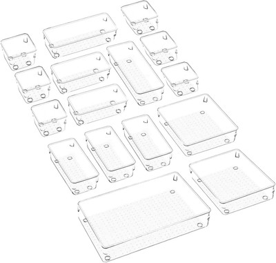 Zollyss 16 Compartments Plastic Drawer Organizer Stackable Cutlery Storage Bins Trays(Clear)