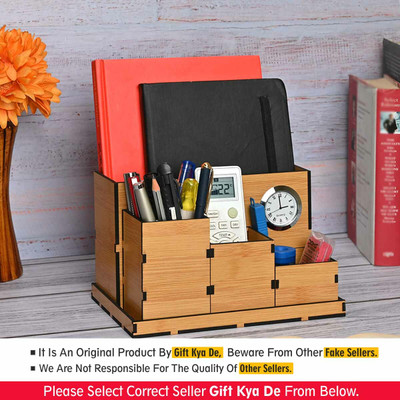 GIFT KYA DE 4 Compartments MDF, Clock Desk Organizer | Storage Box | Remote & Pen Stand | Office Stationary Stand(Brown)