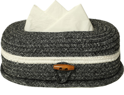 Ariya 1 Compartments PP & Cotton Blend Tissue Box Holder Oval Wooden Button 3x5x11.7 Inch 100 Pulls Handcrafted Design(Gray, White Line)