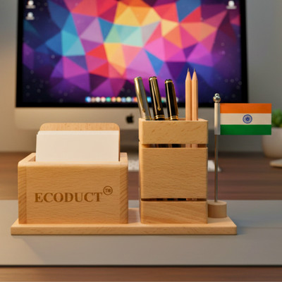 ecoduct 2 Compartments Wooden Wooden Pen / Pencil Stand With Visiting Card & Mobile Holder For Desk Organizers(Brown)