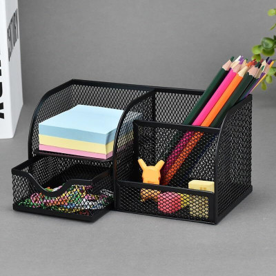 NowExp 4 Compartments Metal Metal Mesh Desk Organizer 4 Grids – Multifunctional Pen Holder & Storage Box(Black)