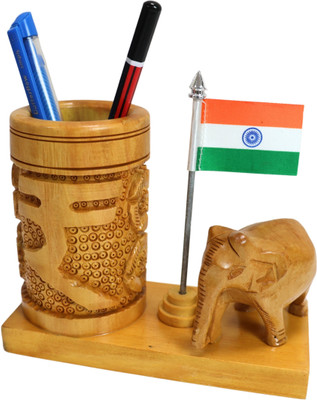Saras Aajeevika 1 Compartments Wooden Handcrafted,Handpainted Wooden Pen Stand For Office Desk | Wooden Desk Organiser(Color: Natural)