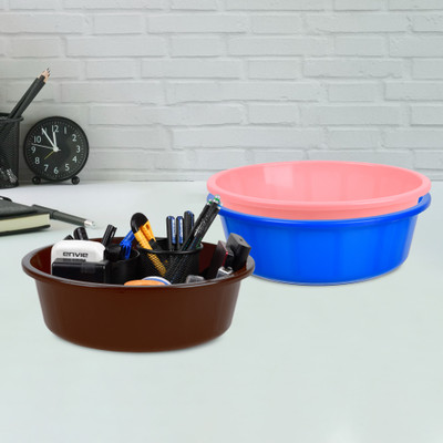 KUBER INDUSTRIES 3 Compartments Plastic Desk Organizer(Blue & Light Pink & Brown)