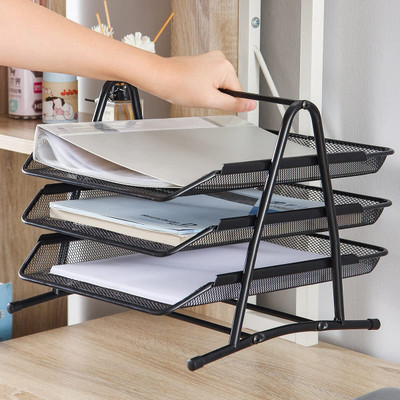 Harvic 3 Compartments Metal 3 Tier Mesh Metal Desk Organiser File Rack Letter Tray A4 Paper Documents Holder(Black)
