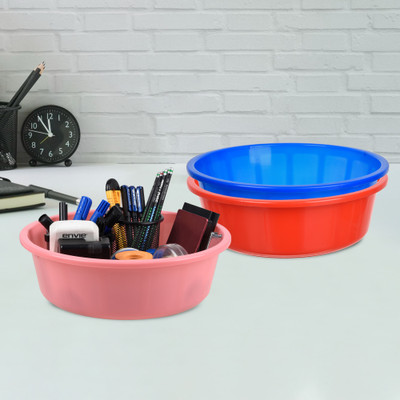KUBER INDUSTRIES 3 Compartments Plastic Desk Organizer(Red & Blue & Light Pink)
