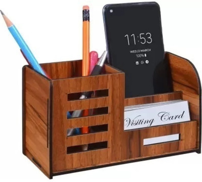 KK FAISHON 3 Compartments Wooden Pen Stand With Visiting Card & Mobile Holder For Office Table Organizer Wooden Pen Stand With Visiting Card & Mobile Holder For Office Table Organizer(Brown)