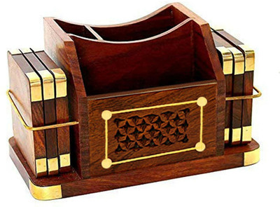 DIGSMORDEN 2 Compartments Wooden Rosewood Sheesham Coaster Set, Pen Stand, Business Card Holder, Mobile Holder(Brown)