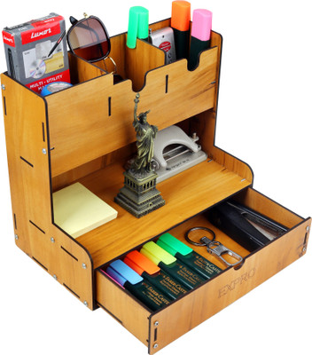 Expro 5 Compartments Wood Desk Organizer Table Organizer For Study Table Stationary rack For Office (Diy)(Brown)