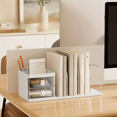 IMPRONOW 3 Compartments Plastic Desktop Organizer with Drawers – Multi-Compartment Book & File Storage Rack(White)