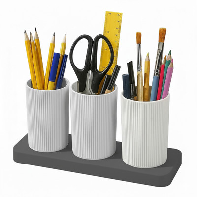 MAGICSPOON 3 Compartments Plastic Pen Stand(Grey)