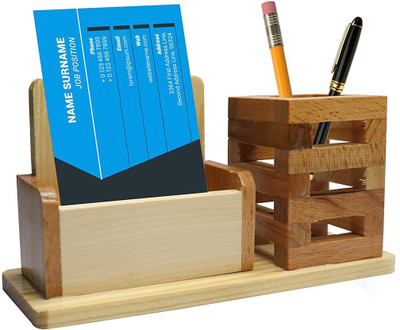 StarLaser 2 Compartments wooden Pen stand with mobile holder & Business Visiting Card(Brown)