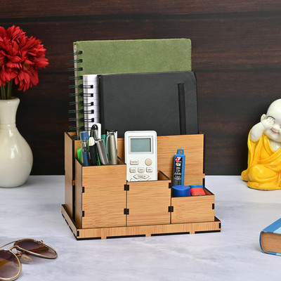 GIFT KYA DE 4 Compartments MDF Desk Organizer | Storage Box | Remote & Pen Stand | Office Stationary Stand(Bamboo)