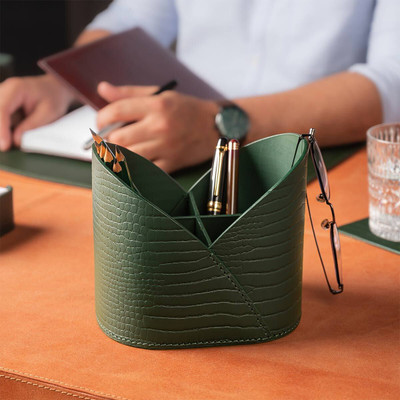 Three Sixty 4 Compartments Leather Desk Caddy(Green)