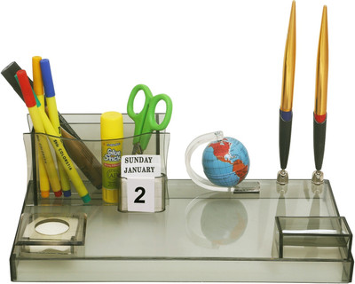 RASPER Multipurpose 3 Compartments Acrylic Executive Table Top Desk Organizer, With Globe Pencil Holder (11x6 Inch) Pen Stand For Office(Smoke Black)