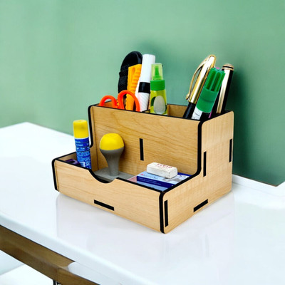 Giftingcare 3 Compartments Wooden Multipurpose Desk Organizer for stationery | Storage Stand ideal for Office & Home(Maple)