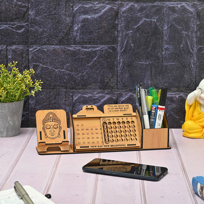 GIFT KYA DE 1 Compartments Wooden Desk Calendar to Lifetime Infinite Perpetual Calendar 2025 / Mini Slide with Mobile Stand / Pen Holder(Brown)