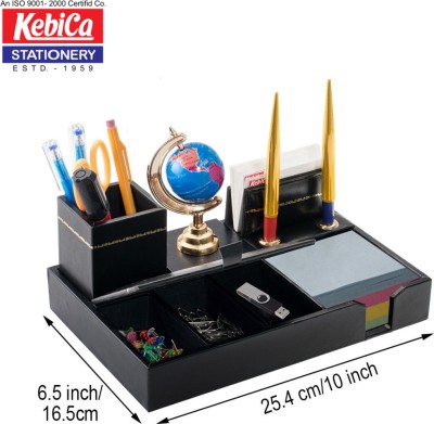 Kebica 5 Compartments Faux Leather leather Pen Stand with Globe & 1 Pen(Black)