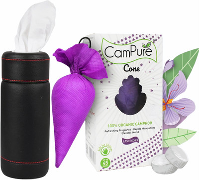 DHIDES 1 Compartments PU LEATHER, Air Freshener, MANGALAM Cam Pure Camphor Cone Lavender Tissue holder(Tissue Box Black, MANGALAM Cam Pure Camphor Cone Lavender)