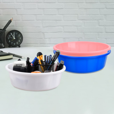 KUBER INDUSTRIES 3 Compartments Plastic Desk Organizer(Blue & Light Pink & White)