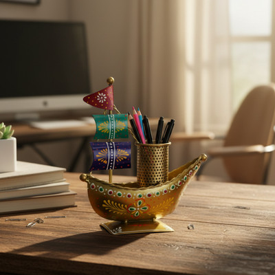 Bhavya Art and Craft 1 Compartments Iron, Rajasthani Boat Pen Stand Desk Organizer(Gold)