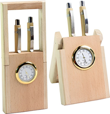ViaZAID 2 Compartments Wooden Pen Stand with Watch & Two Wood Alike Glow Pen/ Desk Accessories PEN STAND(LIGHT BROWN)