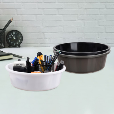 KUBER INDUSTRIES 3 Compartments Plastic Desk Organizer(Gray & Black & White)
