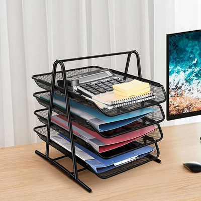 AQUABUCKET 4 Compartments Metal Body Desk File Tray(Black)