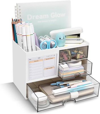 HOUSE OF QUIRK 5 Compartments Plastic 3 Drawer, Multi-Functional Pencil Pen Holder For Desk With 5 Compartments(White)