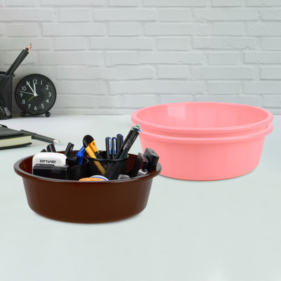 KUBER INDUSTRIES 3 Compartments Plastic Desk Organizer(Light Pink & Brown)