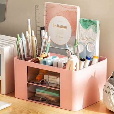 OTISTORES 7 Compartments Plastic Plastic Drawer Storage Cabinet Pencil Pen Holder(Pink)