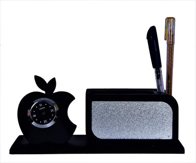 BANISTROKES 1 Compartments Plastic Clock with Desk Organizer Pen Stand Business Card Holder(Black)