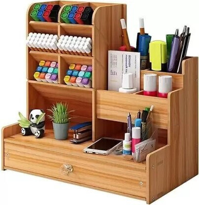 Tanunni 13 Compartments MDF Board Pen Stand,Phone Stand, Multipurpose Office Desk Organiser(DIY)(Brown)
