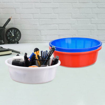 KUBER INDUSTRIES 3 Compartments Plastic Desk Organizer(Red & Blue & White)