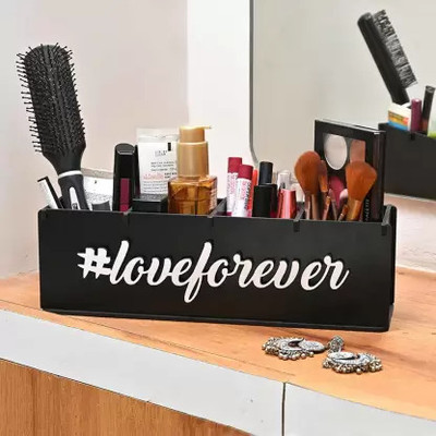 NOGAIYA 4 Compartments wood LoveForever Makeup Brush Organizer and pen stand for office table(Black)