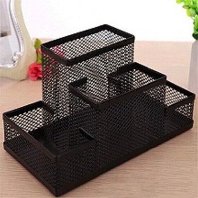 Leplion 4 Compartments Metal Desk Organiser / Mobile Stand / Pen stand(Wooden)