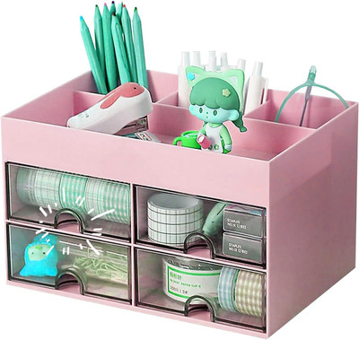 HOUSE OF QUIRK 8 Compartments Plastic Desk Organiser with Drawer Multifunctional Desk Organizer- 21DX14.5WX12.5H Cm(Pink)