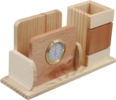 GENIYO 2 Compartments Pencil Holder with Clock,Visiting Card & Mobile Holder Multipurpose Wooden Pen Holder Desktop Stationery Storage Box Large Capacity(Beige)