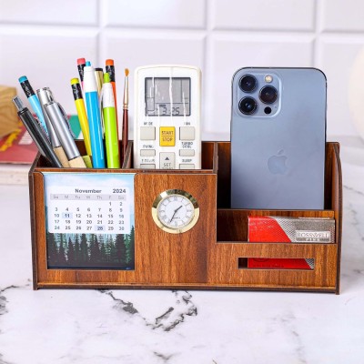 GENIYO 4 Compartments Pen Stand with Calender, Clock, Business Visiting Card and Mobile Holder | Desk Organizer With Pen/Pencil/Mobile/Visiting Card Stand For Office Table Stand(Brown)