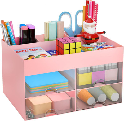 Kienlix 4 Compartments Plastic Multi-Functional Desk Organizer With 4 Compartments & 4 Drawer Desktop Office(Pink)