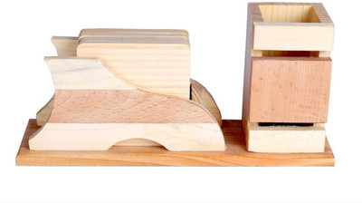 NISHKAM 2 Compartments wooden pen stand(Beige)
