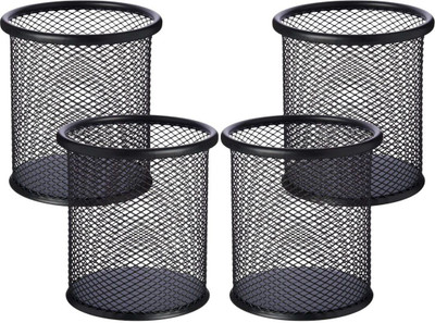 Novelty Store 4 Compartments Metal Pen Stand(Black)