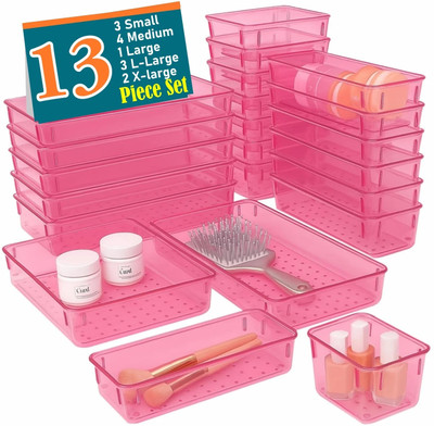 Nurah 13 Compartments Plastic Drawer Organiser(Pink)