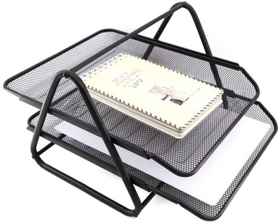 KNYUC MART 2 Compartments metal Mesh 2 Tier Document Tray File Rack for A4 Documents folder Desk Organizer(Black)