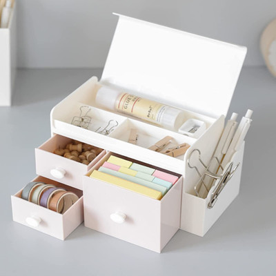 MOSHTU 4 Compartments Plastic Desk Organizer with 3 Drawers Makeup Storage Box with Lid,Compact(Multicolor)