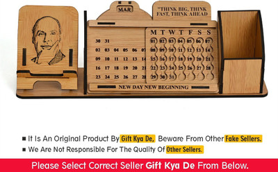 GIFT KYA DE 1 Compartments Wooden Desk Calender to Lifetime Infinite Perpetual Calendar 2024 / Mini Slide with Mobile Stand / Pen Holder (Dhirubhai Ambani)(Brown)