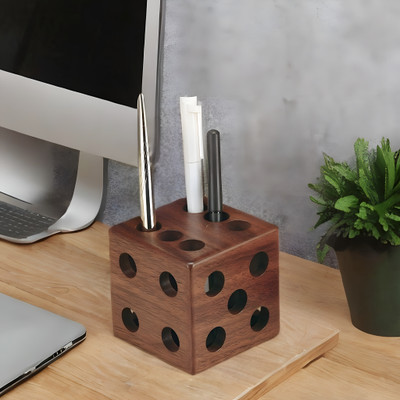 The Flourish Art 6 Compartments Wooden Pen Holder and Pencil holder(Brown)