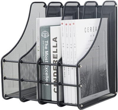 VeleSolv 4 Compartments Mesh Metal Magagine Paper Organizer Holder(Black)
